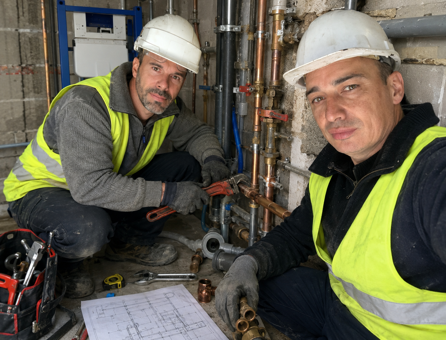Bruno Delevaux et Hervé Tedesco sur un chantier BH Plomberie